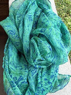 Vintage 70s Long Turquoise Green Swirls Organic Sheer Rectangle Neck Scarf Shawl